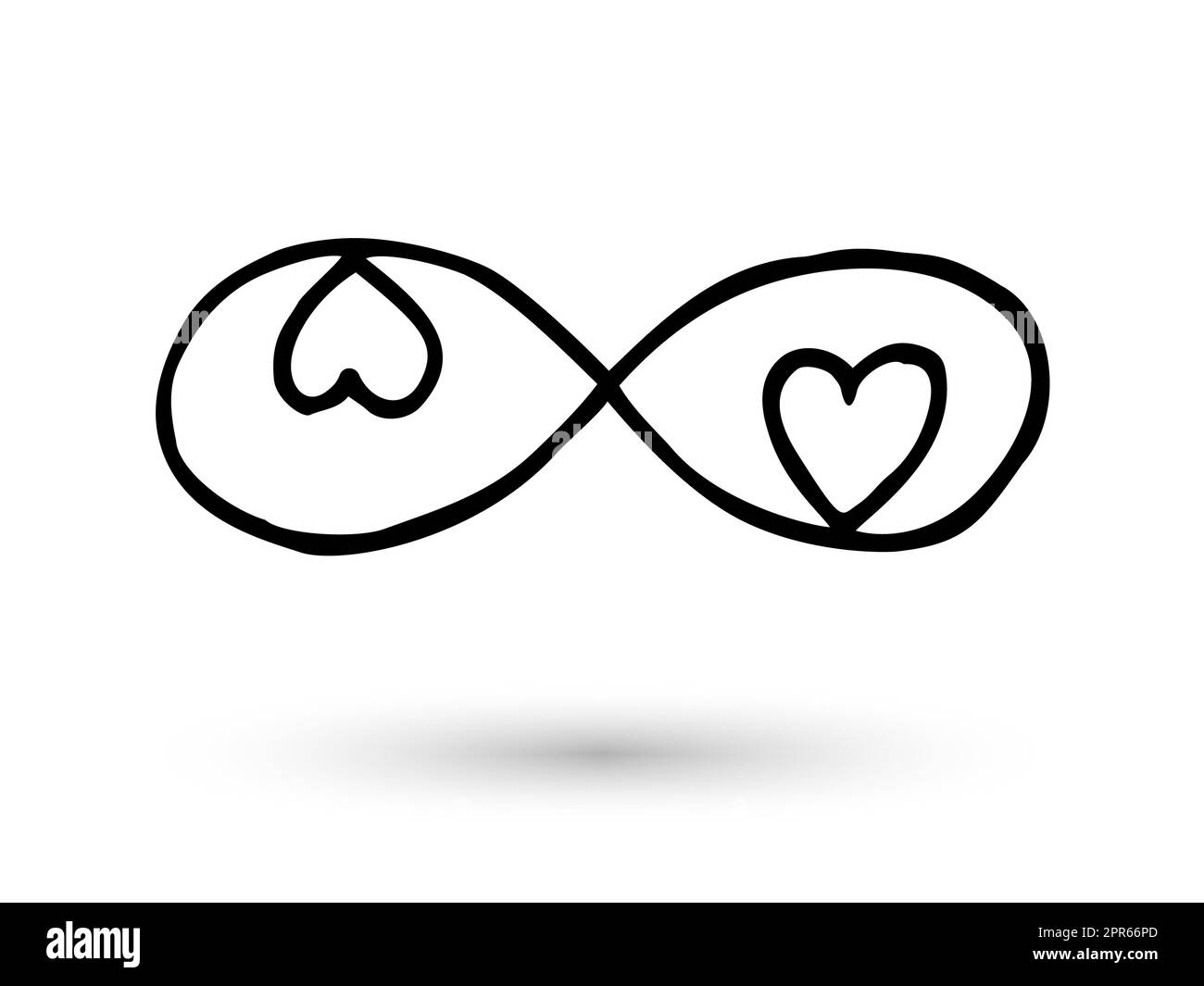 Unendlichkeits-Symbol mit Herzen. Symbol von Hand mit Tintenpinsel gezeichnet. Moderner Doodle mit Umriss. Unendliche Liebe, Hochzeit, Verlobungskonzept. Grafikdesign Ele Stockfoto