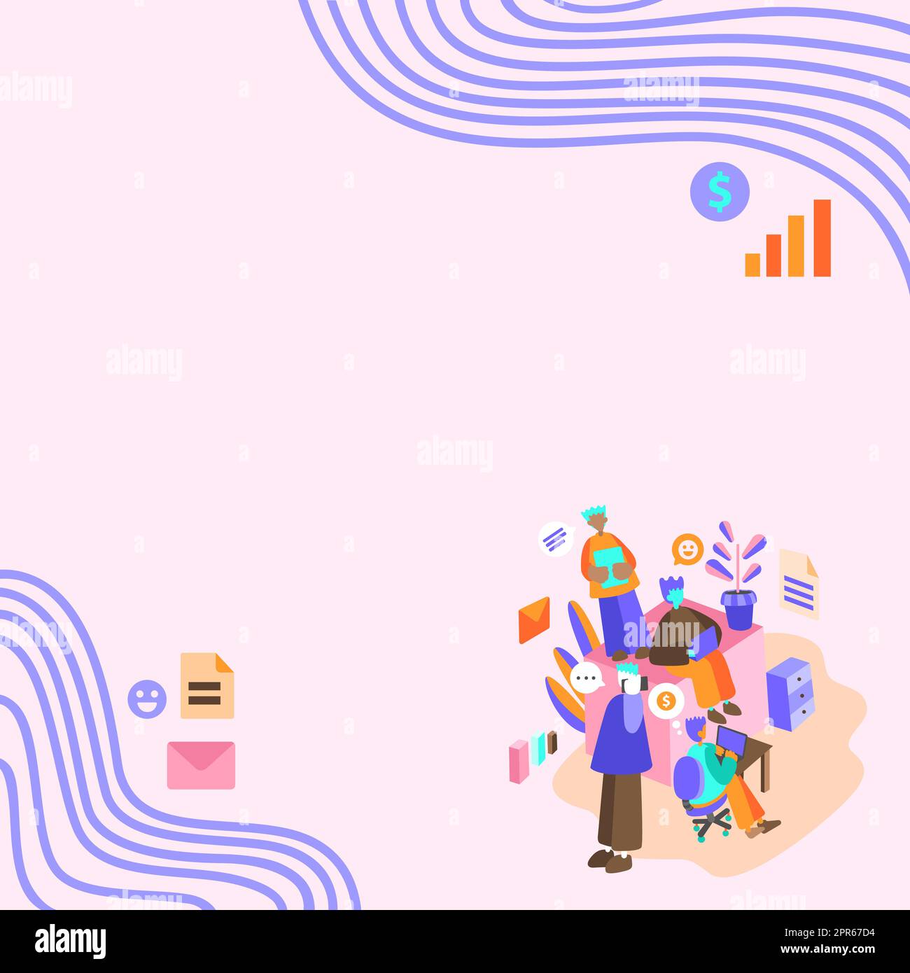 Geschäftsleute, Die Auf Lap Tops Zusammenarbeiten, Einer Telefoniert. Gruppe Von Vier Freunden Im Büro, Die Arbeiten, Zwei Am Computer, Andere Am Handy, Letzte Anordnung Von Dokumenten. Stock Vektor