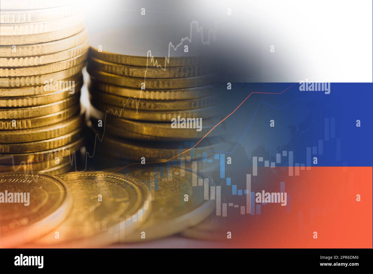 Aktienmarkt Investment Trading Finanz-, Münze und Russland Flagge oder Forex für die Analyse Gewinn Finanzierung Geschäft Trend Daten Hintergrund. Stockfoto