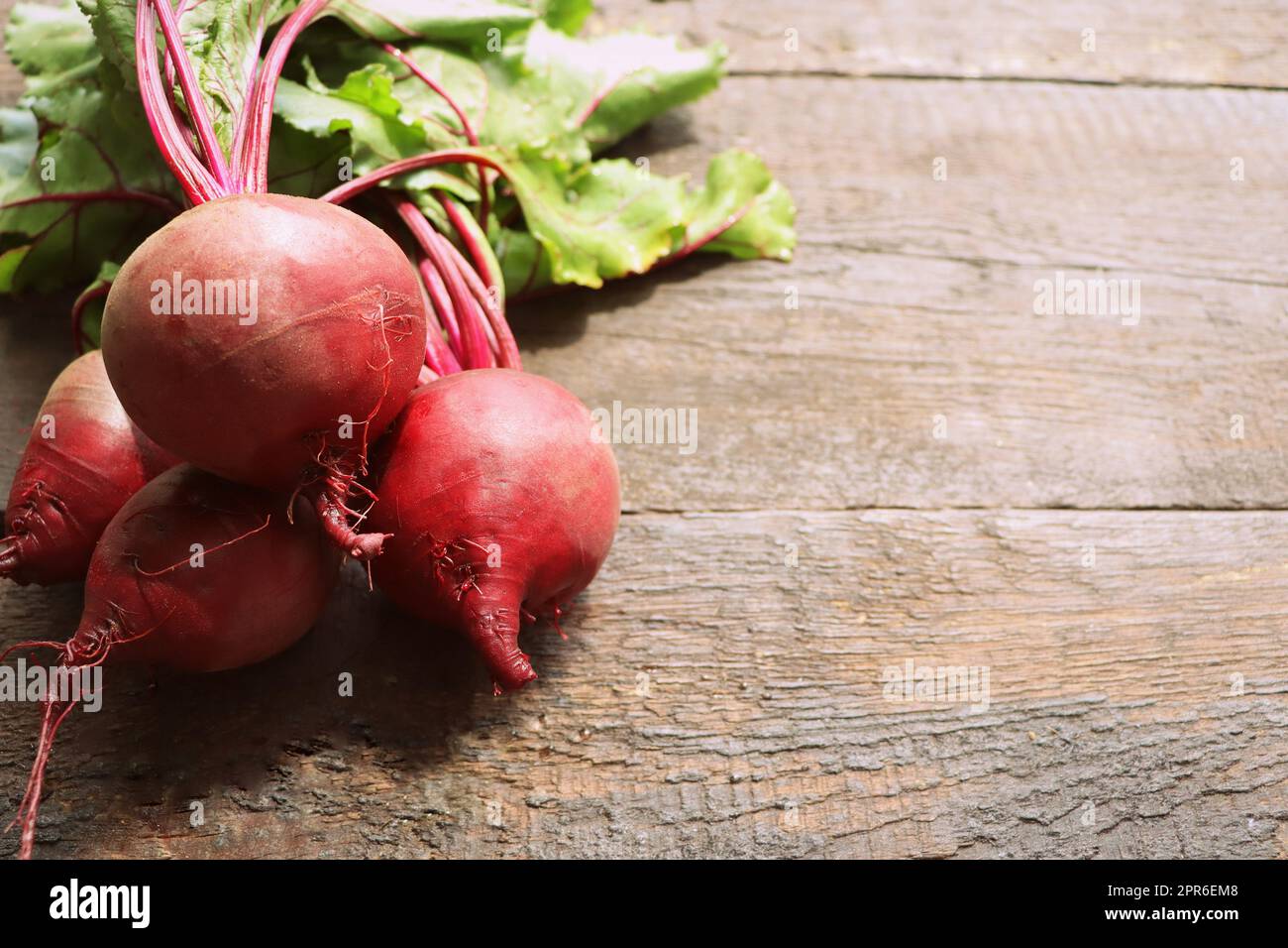 Frische Rote Bete mit Blättern auf einem hölzernen Hintergrund. Gesunde Ernährung. Draufsicht. Freier Speicherplatz für Ihren Text Stockfoto