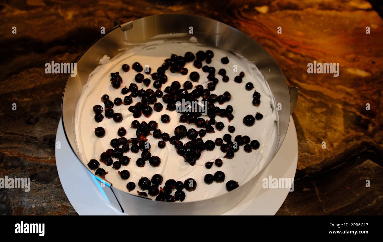 Ein männlicher Konditor macht einen Kuchen auf Sahne mit Blaubeere und presst ihn. Schlägt und flacht den Biskuitkuchen aus der Nähe Stockfoto