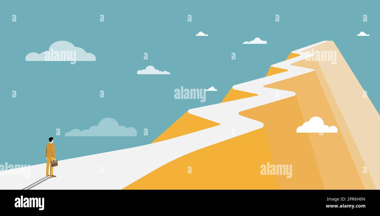 Man on A Mountain Drawing ist stolz auf seinen Erfolg beim Klettern in die Wolken. Athlet on A Cliff feiert Erfolg beim Aufstieg nach oben. Der Sportler Erreicht Den Himmel. Stock Vektor