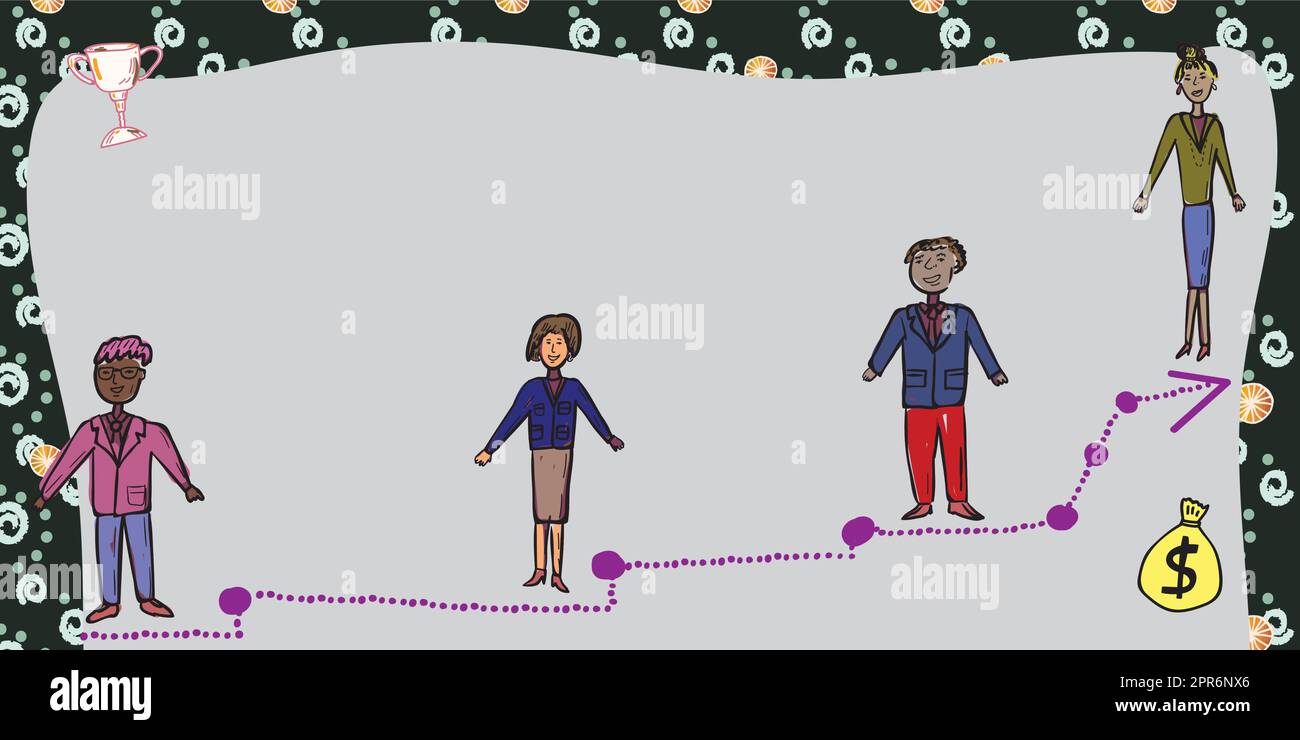 Das Business-Team Steht Auf Der Treppe Zum Erfolg Mit Trophäe Und Geldbeutel An Den Seiten. Geschäftsmänner Und Geschäftsfrauen, Die Eine Wichtige Entwicklungsbotschaft Präsentieren. Stock Vektor