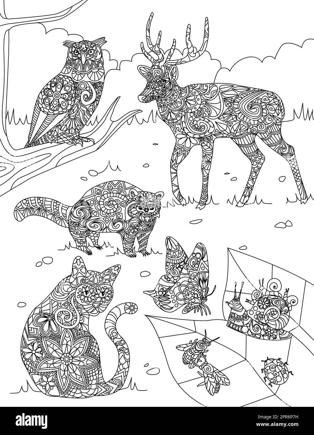 Verschiedene Wildtiere Eule Schnecken Fliegen Bugs Deer Line Drawing. Stockfoto