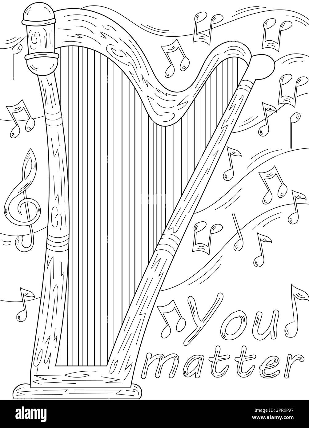 Harp Laying Flat Mit Musikalischen Noten Schwebende, Farblose Strichzeichnungen. Stockfoto