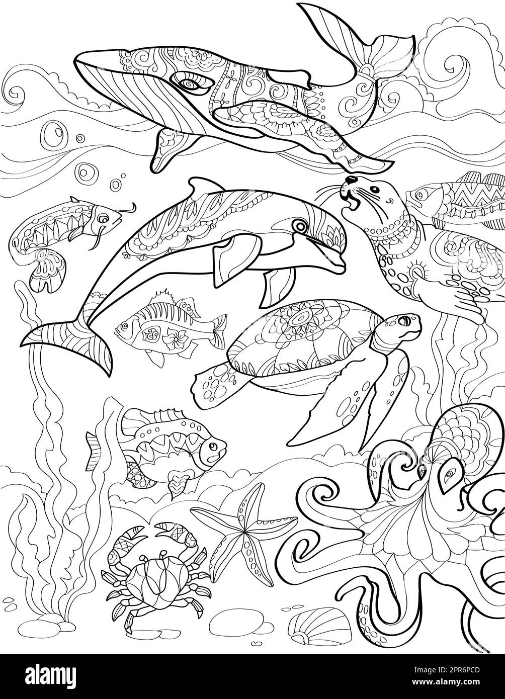 Unterwasserwelt Mit Verschiedenen Wassertieren Walschildkröten-Delfinen. Stockfoto