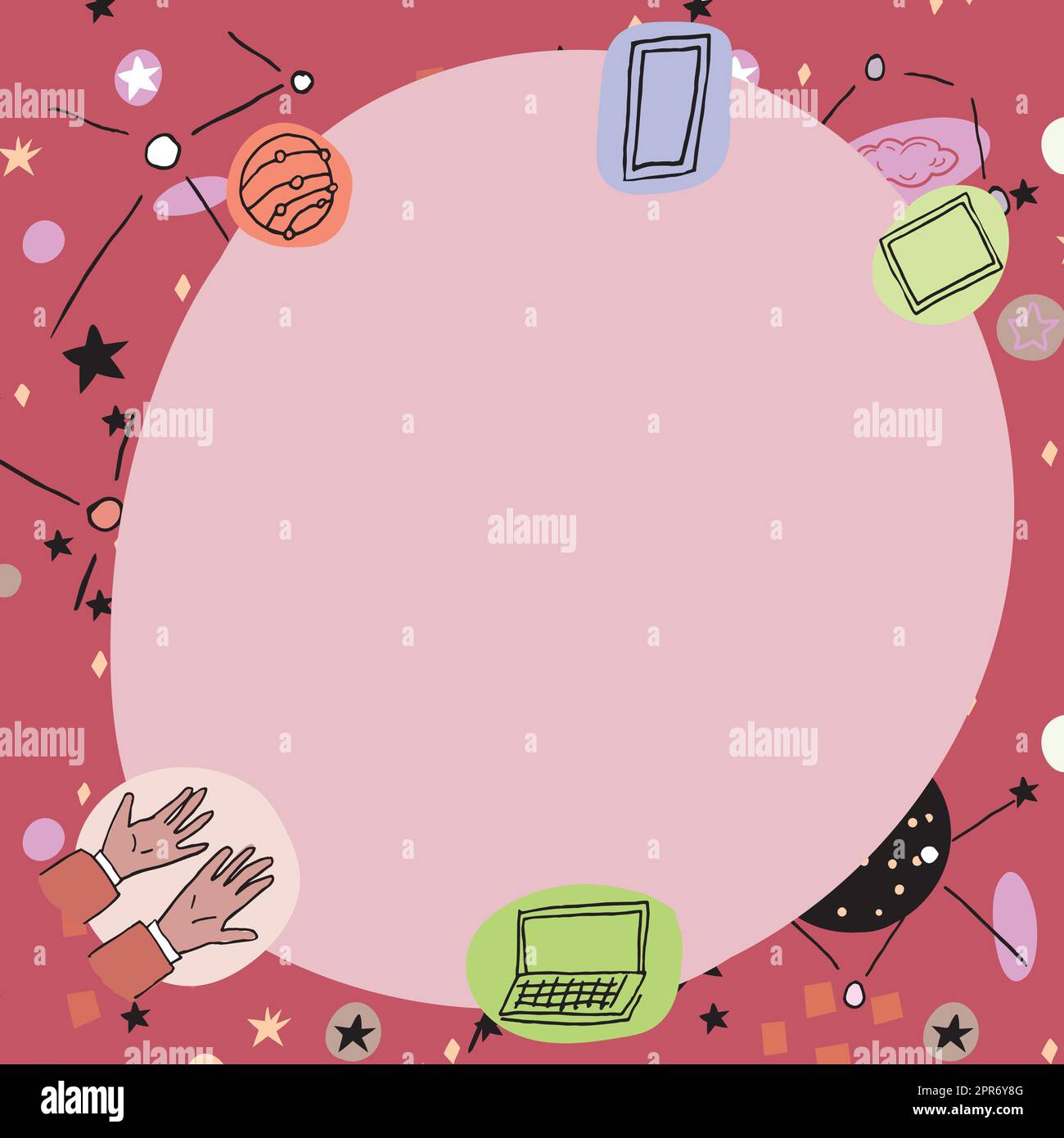 Leeres Poster mit modernen Technologiesymbolen. Leerer Rahmen umgeben von mehrfarbigen Laptop-Mobiltelefonen, die Wissenschaft und Technologie darstellen. Stock Vektor