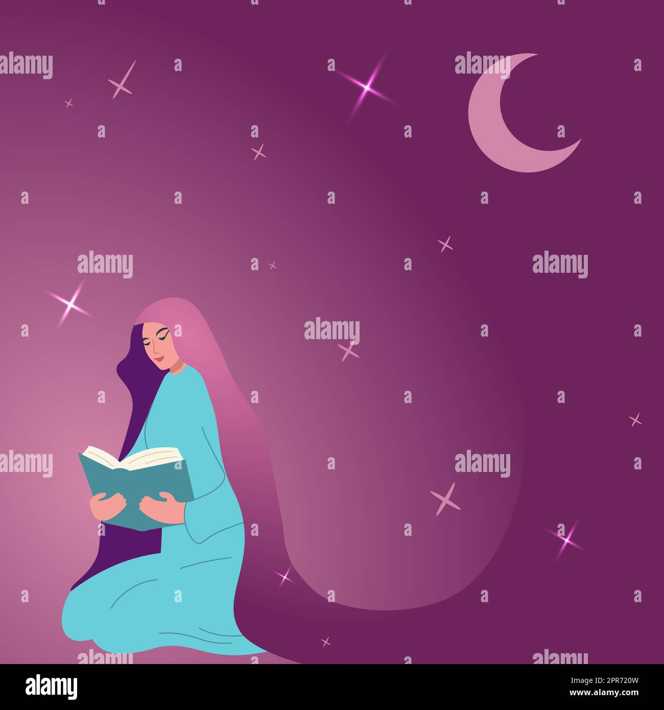 Frau, Die Das Heilige Buch Liest, Auf Knien Mit Dem Mond Sitzt Und Im Hintergrund Beginnt. Frau In Traditioneller Kleidung, Die Sich Das Handbuch Ansieht. Ein Mädchen Mit Hijab Betet. Stockfoto