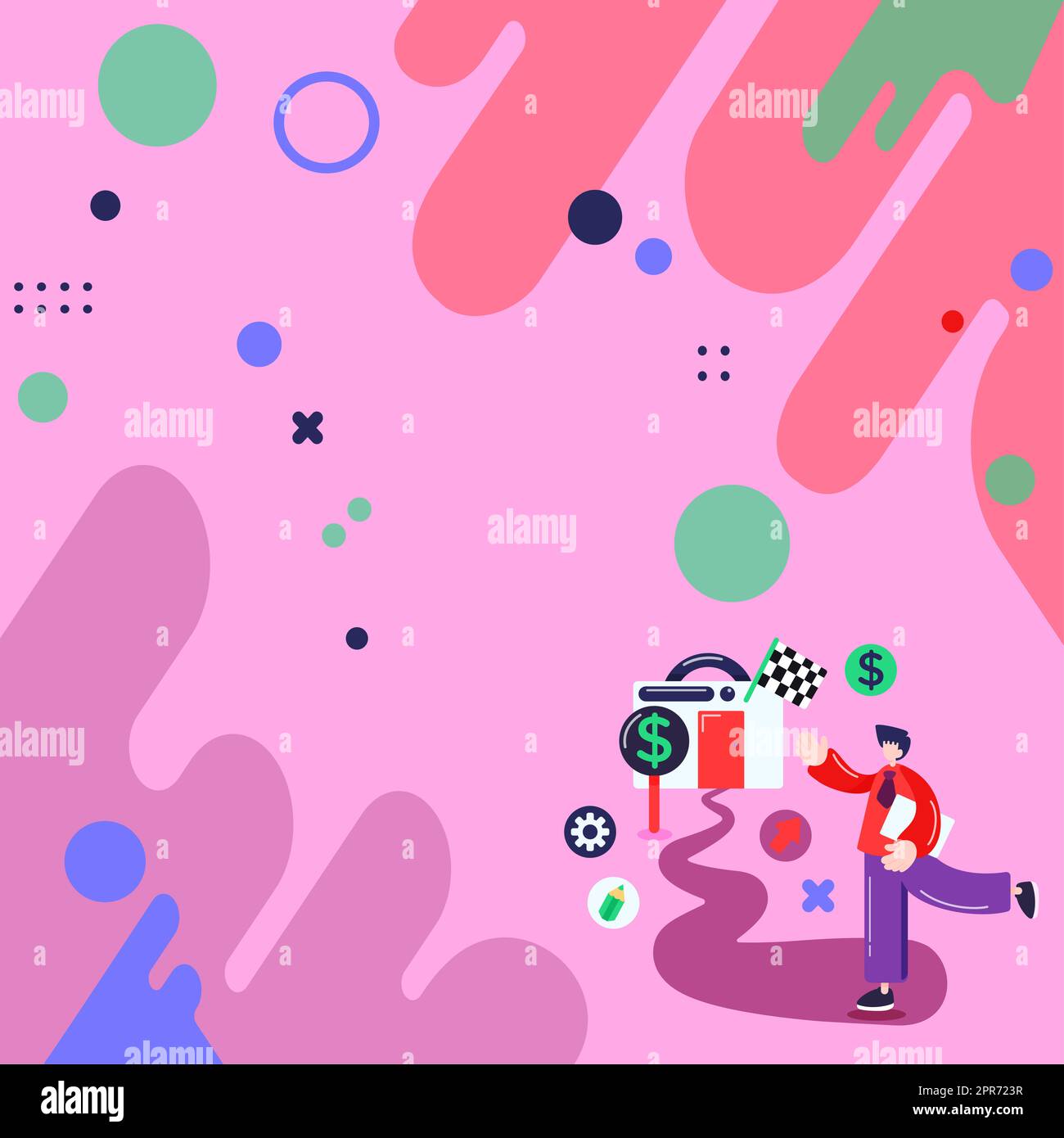 Geschäftsmann Hält Dokument, Geht Auf Erfolgskurs. Glücklicher Mitarbeiter, Der Auf Pathway Das Ziel Erreicht. Ehrgeizige Führungskraft, Die Das Ziel Erfolgreich Erreicht. Stockfoto