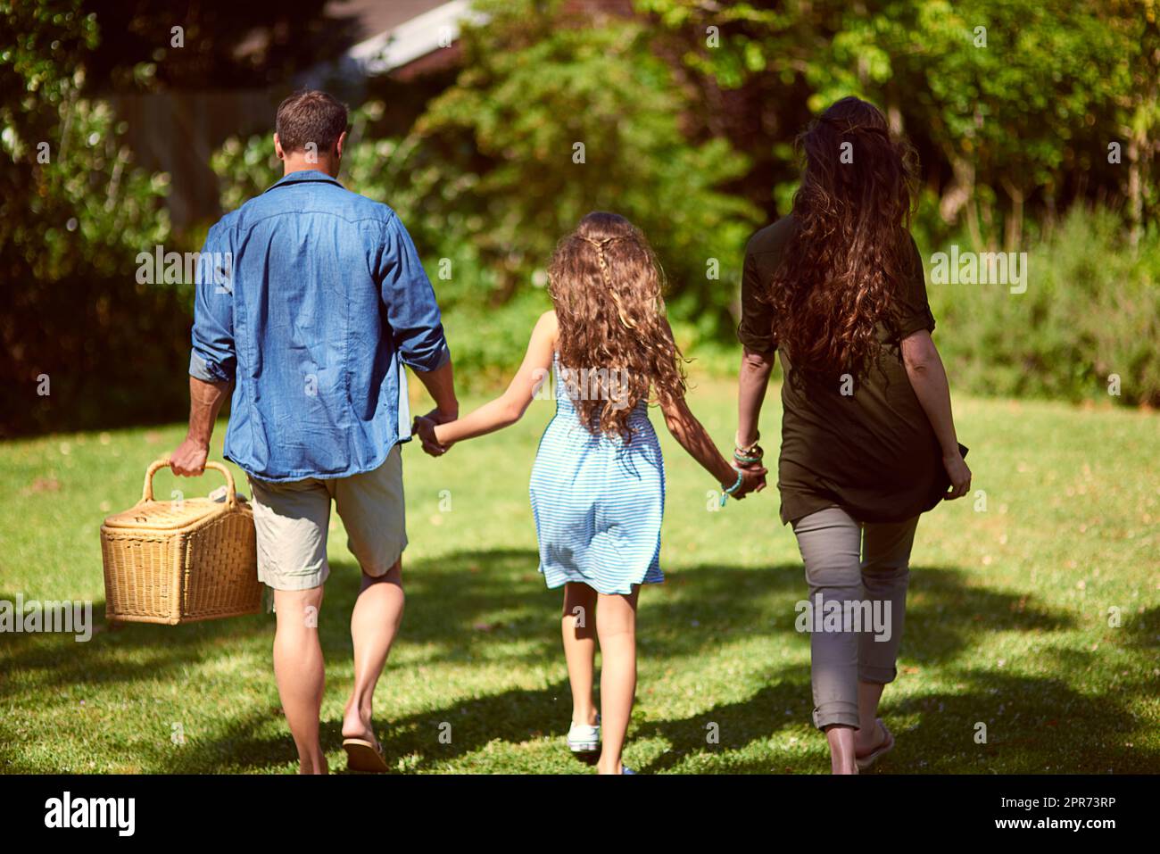Für ein Picknick. Rückansicht einer jungen Familie, die zu ihrem Picknickplatz geht. Stockfoto