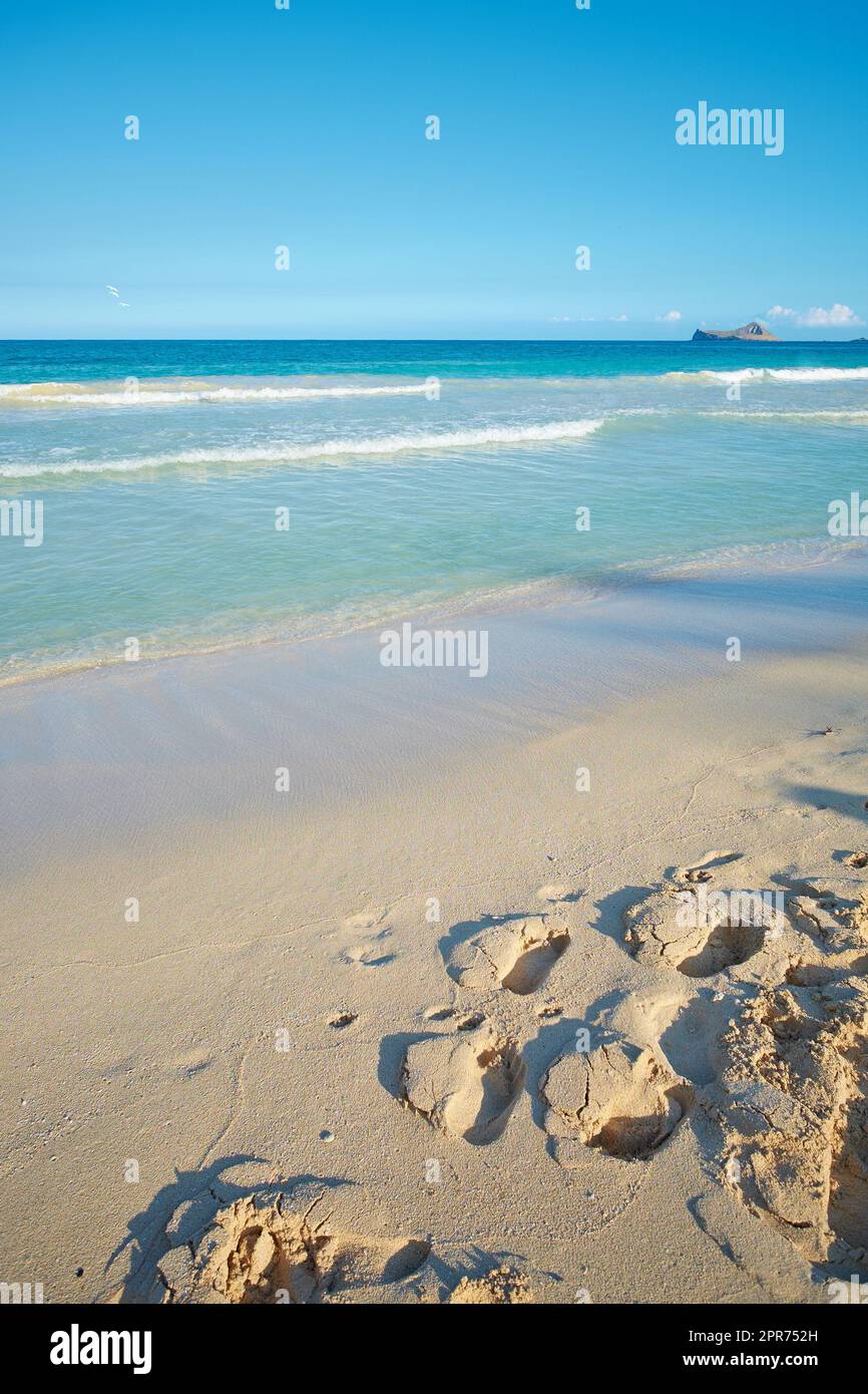 Die Wellen spülen sich an den Sandstrand mit Fußabdrücken auf einem tropischen und exotischen Resort mit klarem blauem Hintergrund und Kopierraum. Entspannende Sommerlandschaft für einen ruhigen Urlaub Stockfoto