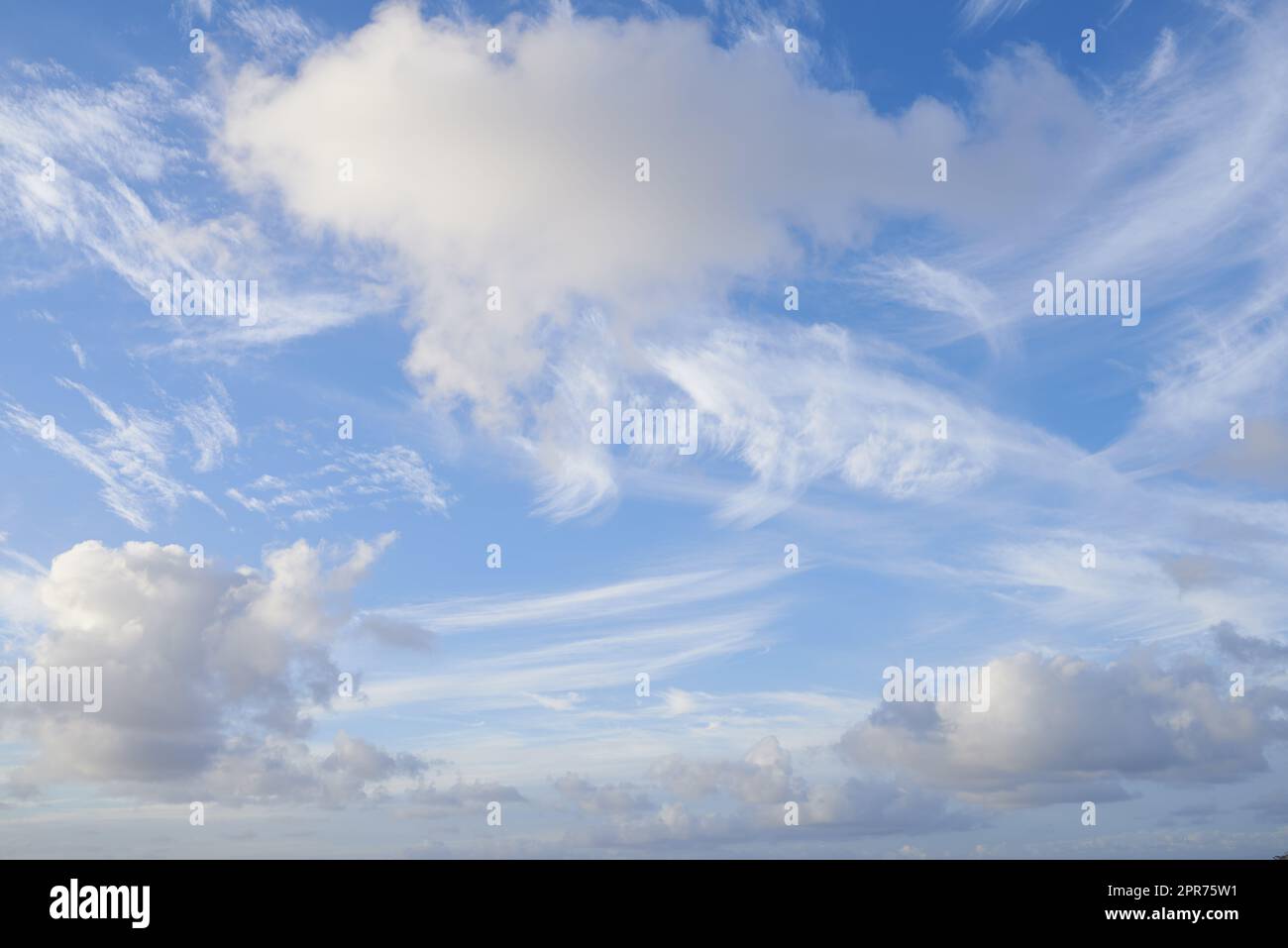 Helle Wolken, blauer Himmel an einem wunderschönen Sommernachmittag. Wolkenlandschaft und Sonnenschein an einem bewölkten Tag mit Kopierraum. Ein lebendiger Horizont mit Sonnenlicht und weißen Kumuluswolken Stockfoto