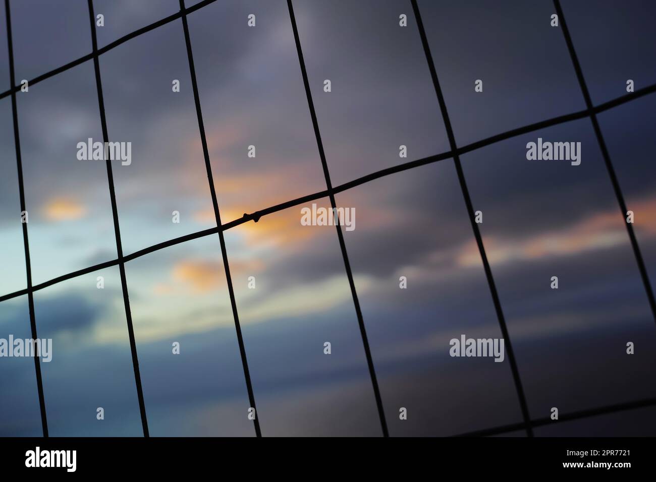 Nahaufnahme eines Drahtzauens bei Sonnenuntergang. Hintergrund von vertikalen und horizontalen Linien. Silhouette aus Drahtgeflecht in rechteckigen Formen für Sicherheitskonzept. Stockfoto