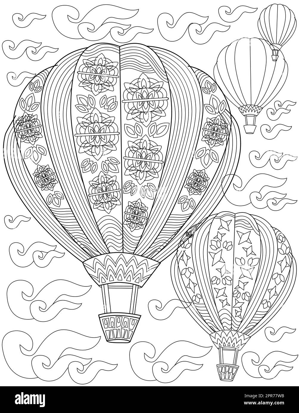 Malbuch-Seite Mit Heißluftballons Mit Blumenmotiven Flying In Sky. Laken Mit Leeren Feuerballons In Den Wolken. Luftschiffe Fliegen Hoch. Stockfoto