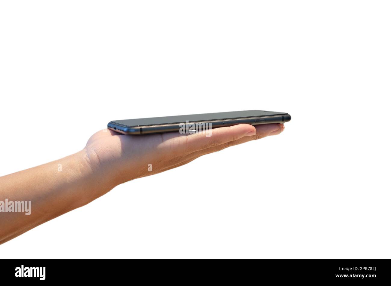 Mann hält mobile Smartphone isoliert auf weißem Hintergrund.Business-Technologie Netzwerk Anwendung elektronisch. Stockfoto