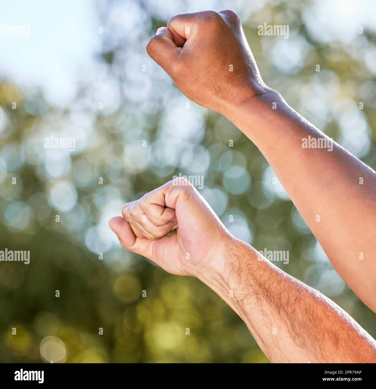 Kämpft weiter. Aufnahme von zwei unverkennbaren Männern, die im Freien ihre Fäuste hochheben, um sich zu trotzen. Stockfoto