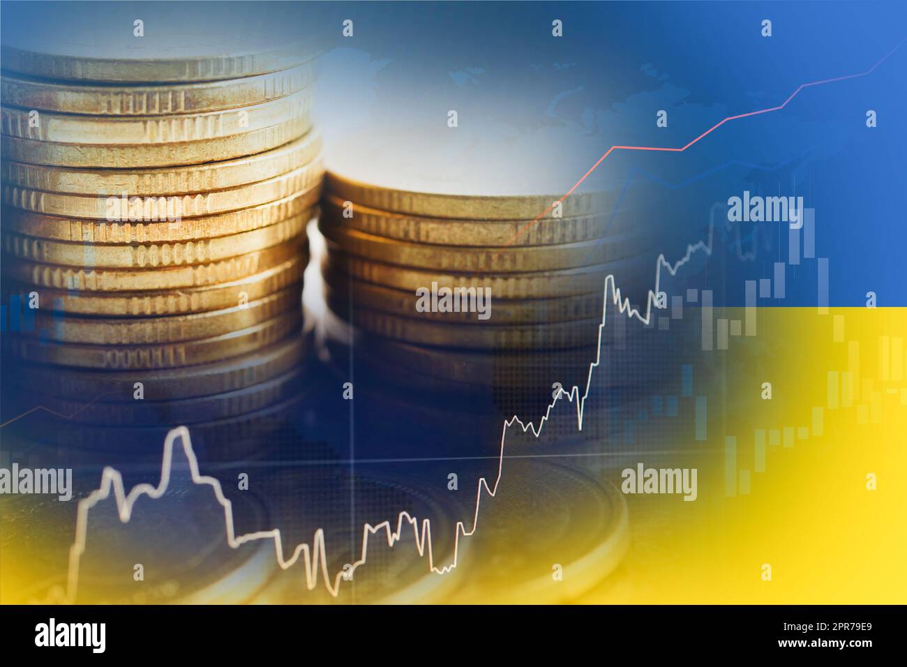 Aktienmarkt Investment Trading Finanz-, Münze und Ukraine Flagge oder Forex für die Gewinnfinanzierung Geschäft Trend Daten Hintergrund analysieren. Stockfoto