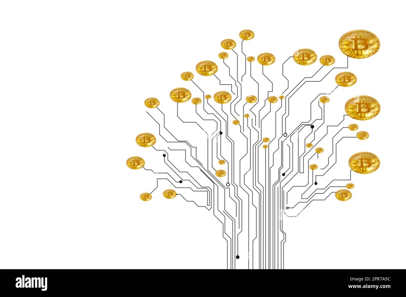 Wer sagte, Geld wächst nicht auf Bäumen. Konzeptuelles Bild eines Bitcoins, das auf einer baumförmigen Leiterplatte vor weißem Hintergrund wächst. Stockfoto