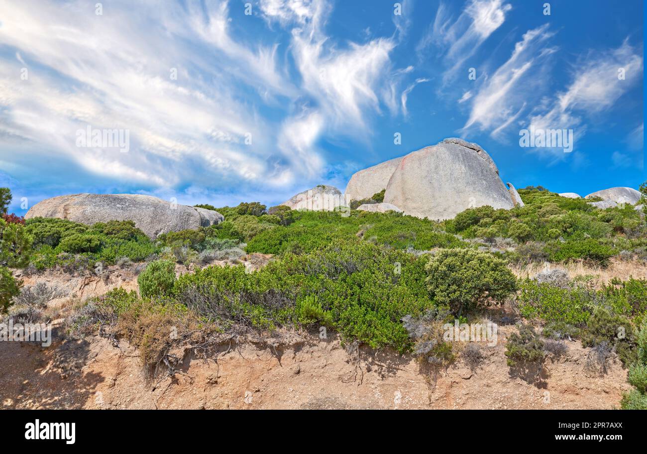Landschaftsblick auf den Tafelberg in Kapstadt, Südafrika von unten. Landschaft einer beliebten Touristenattraktion während des Tages vor einem wolkigen blauen Himmel. Natürliches Gelände für Reisen und Wandern Stockfoto