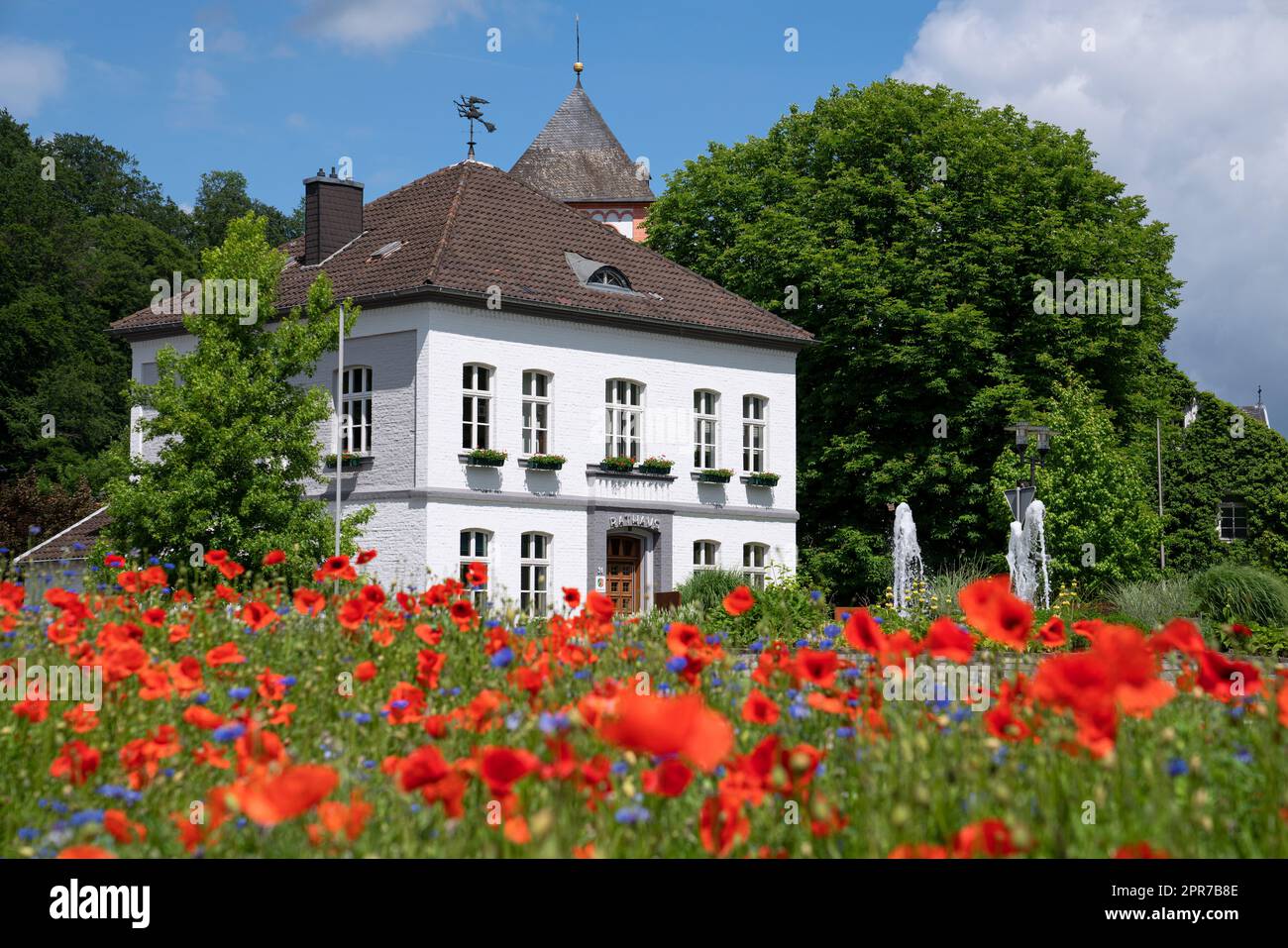 ODENTHAL, DEUTSCHLAND - 26. MAI 2022: Rathaus des Dorfes Odenthal mit Mohnfeld im Vordergrund am 26. Mai 2022 im Bergischen Land Stockfoto