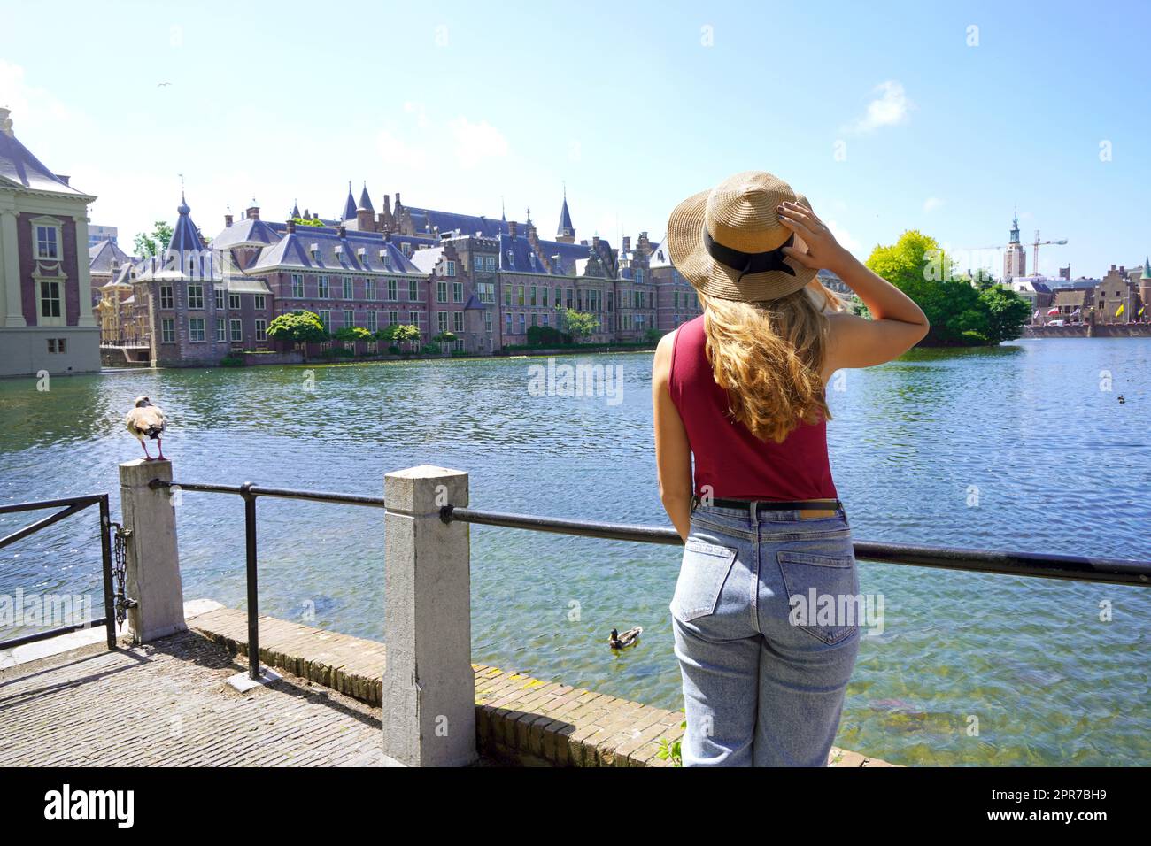 Tourismus in Holland. Junge Reisende Mädchen beim Blick auf den Gebäudekomplex von Binnenhof in Den Haag, Niederlande. Stockfoto