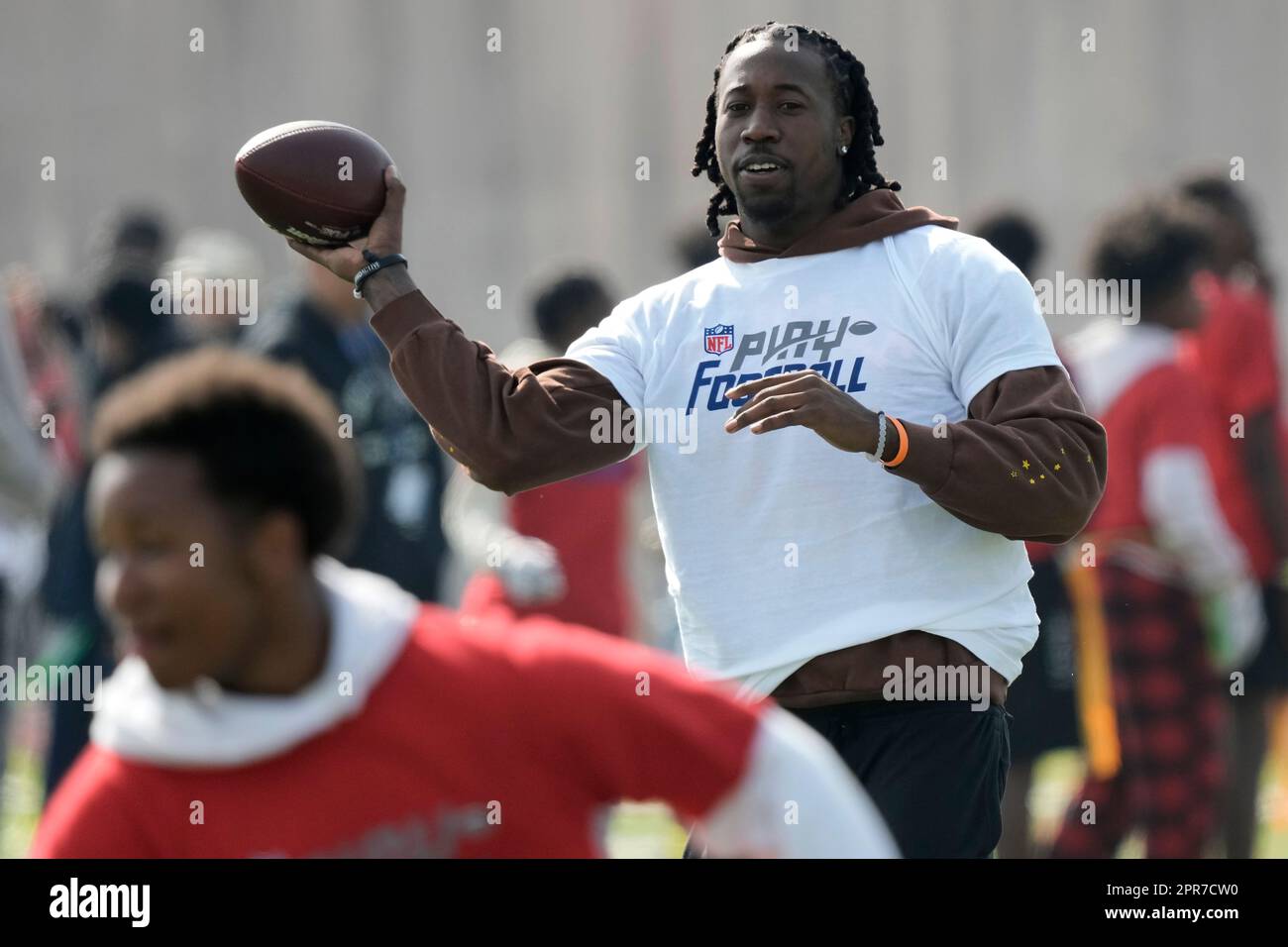NFL draft prospect Joey Porter Jr. takes part in a Play Football clinic ...