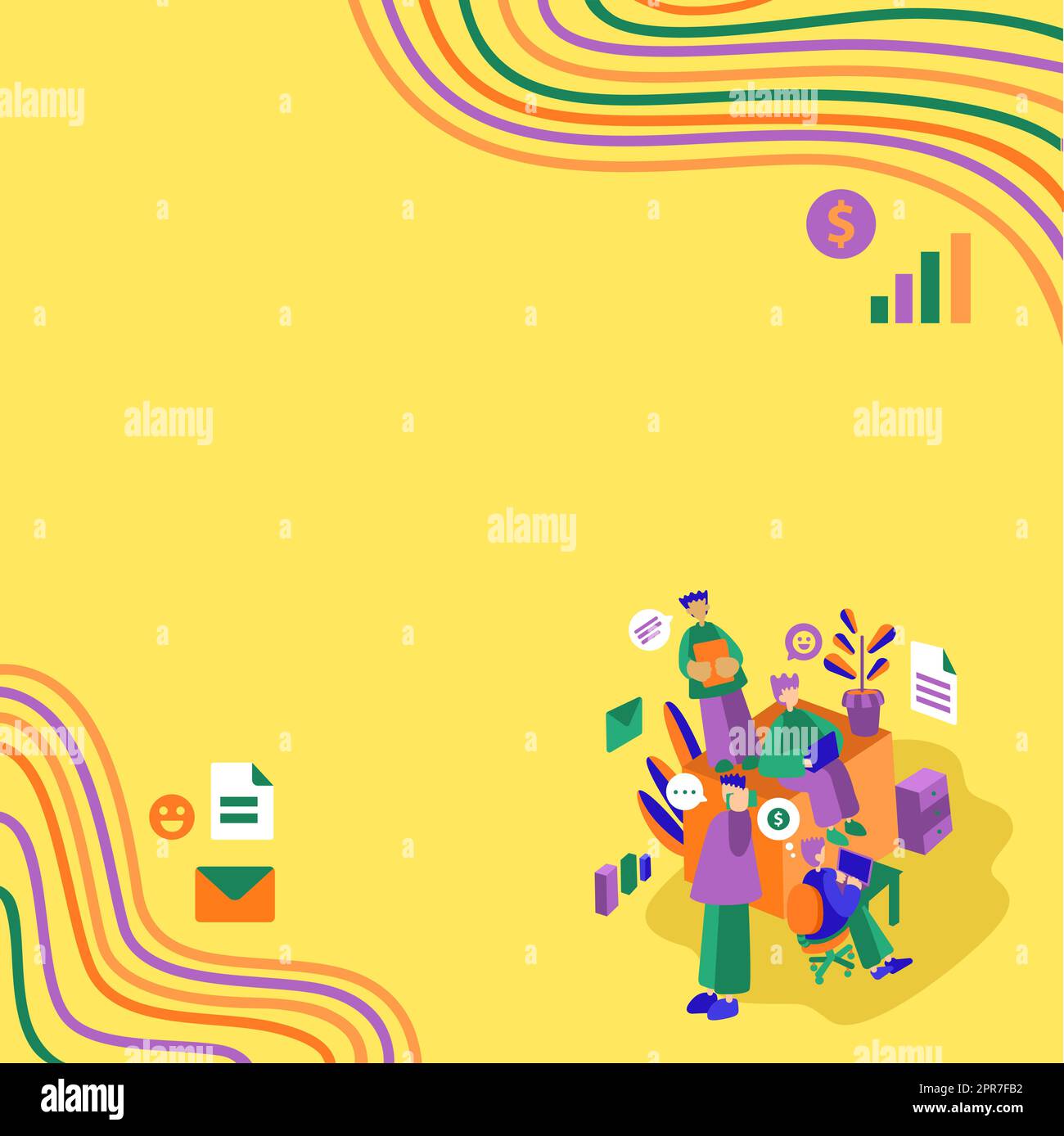 Geschäftsleute, Die Auf Lap Tops Zusammenarbeiten, Einer Telefoniert. Gruppe Von Vier Freunden Im Büro, Die Arbeiten, Zwei Am Computer, Andere Am Handy, Letzte Anordnung Von Dokumenten. Stock Vektor