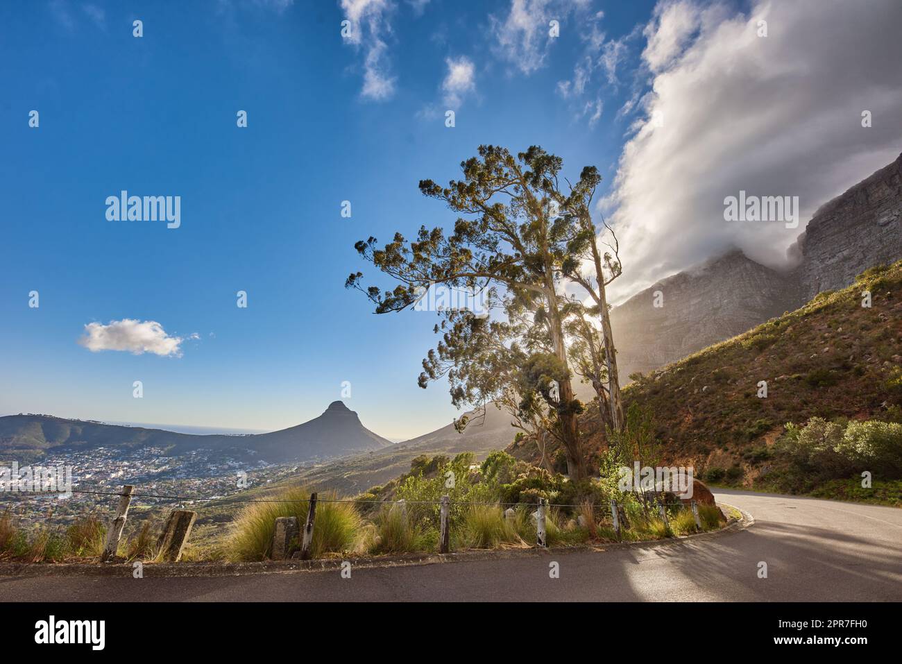 Malerische Landschaft mit kurvigen Straßen und wolkenblauem Himmel am Tafelberg in Kapstadt, Westkap. Heller Himmel, Baum und ruhige Asphaltstraße im Sommer. Autobahn in der Nähe der Natur Stockfoto