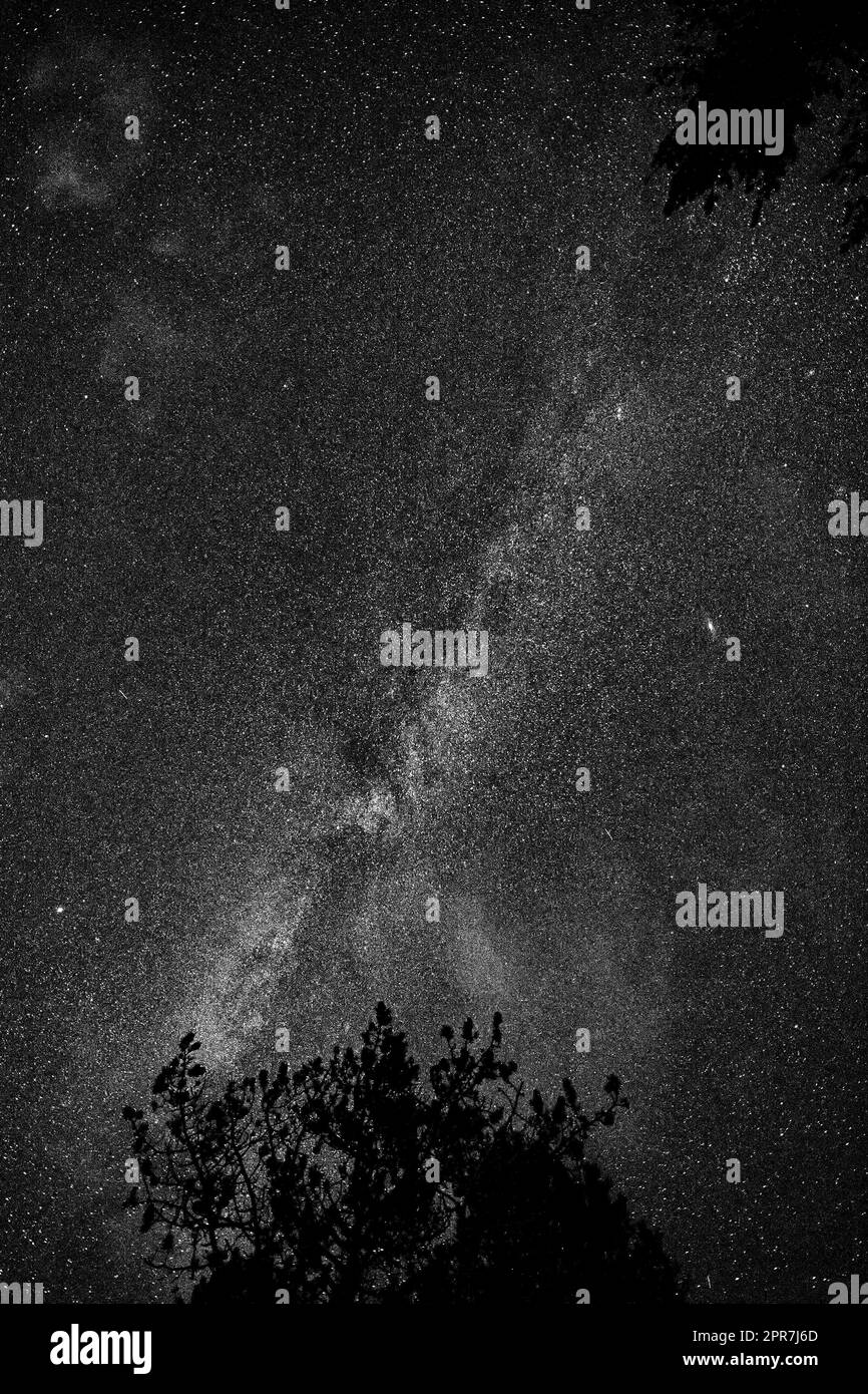 Nachthimmel - Norden. Milchstraße-Galaxie. Unter dem Bild von Sternen vor einem dunklen Himmel. Dunkler Himmel erleuchtet von einer Sternennacht. Ein schöner Hintergrund, ein Bildschirmschoner mit Tapeten. Stockfoto