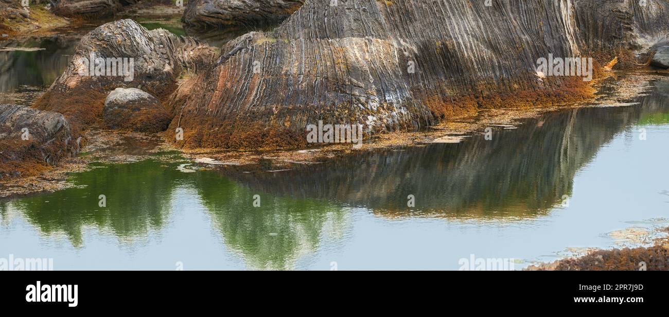 Nahaufnahme eines ruhigen Flusses, Teichs oder Sees mit Felsen oder Felsen im grünen moossigen Wasser in den Bergen. Malerischer Landschaftsblick auf eine felsige Textur und einen ruhigen Fluss oder Bach in einer abgelegenen Lage in der Natur Stockfoto