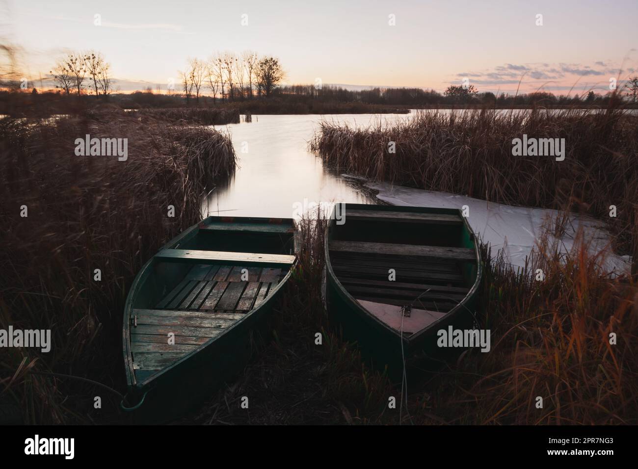 Fischerboote im Schilf des Sees Stockfoto