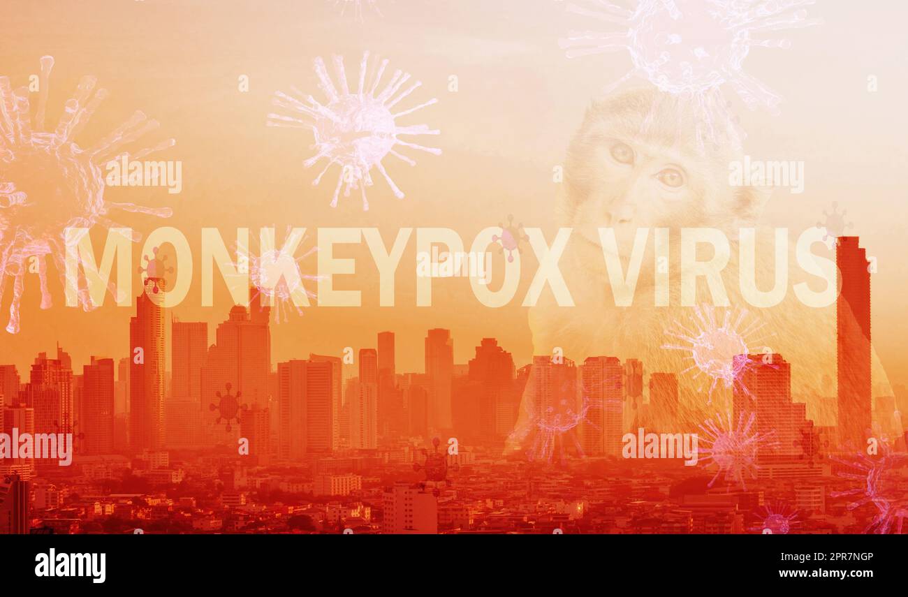 Affen-Pocken-Ausbruchskonzept. Affen-Pocken-Virus wird durch Affen-Pocken-Virus verursacht. Verhütung, Management und Kontrolle des Stadtkonzepts durch Affenpockenausbrüche. Hintergrund von Cityscape, Affen und Affen Pocken-Virus. Stockfoto