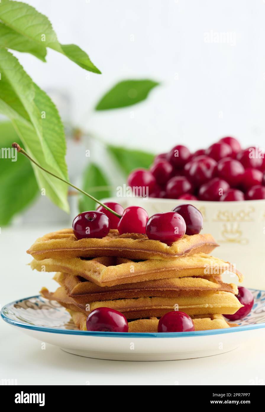 Stapel gebackener belgischer Waffeln mit reifen roten Kirschen auf dem weißen Tisch, Frühstück. Stockfoto