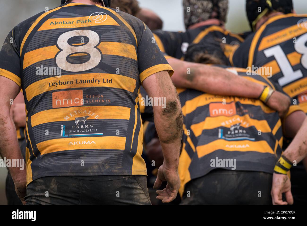 Englische Herren Amateurspieler der Rugby Union spielen in einem Ligaspiel. Stockfoto