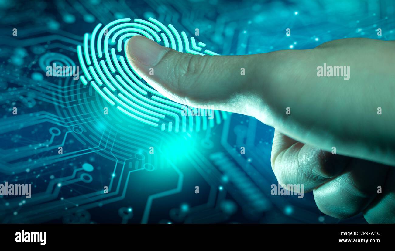 Fingerabdruck-Scan ermöglicht Zugriff mit biometrischer Identifizierung. Technologie-, Sicherheits- und Identifikationskonzept. Stockfoto