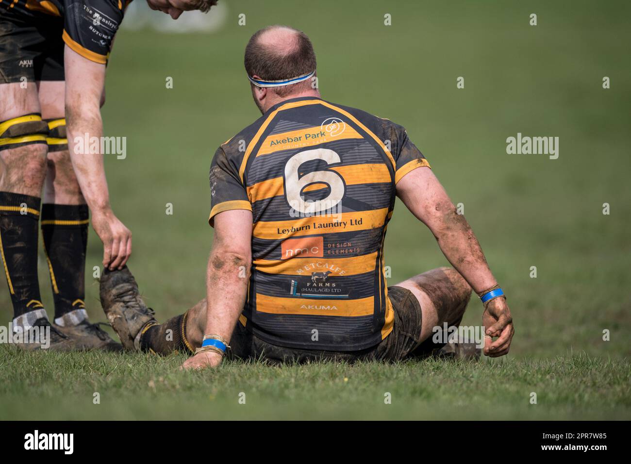 Englische Herren Amateurspieler der Rugby Union spielen in einem Ligaspiel. Stockfoto