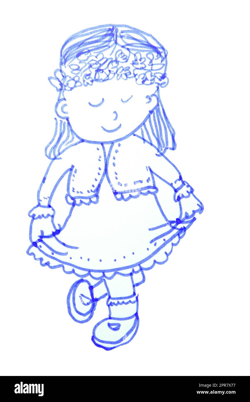 Ein süßes Mädchen mit einem Blumenkranz auf dem Kopf, steht in einem respektvollen Knick. Cartoon isolierte Kinderfigur auf weißem Hintergrund. Mit einem Filzstift von Hand zeichnen Stockfoto
