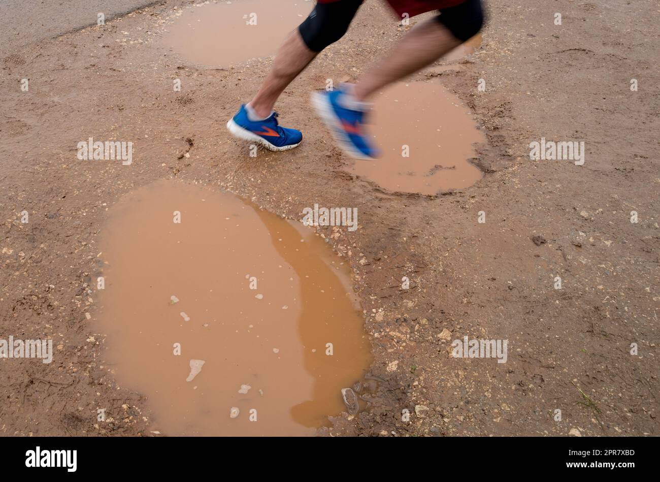 Beine eines 10km-Läufers, der über schlammige Pfützen rennt. Stockfoto