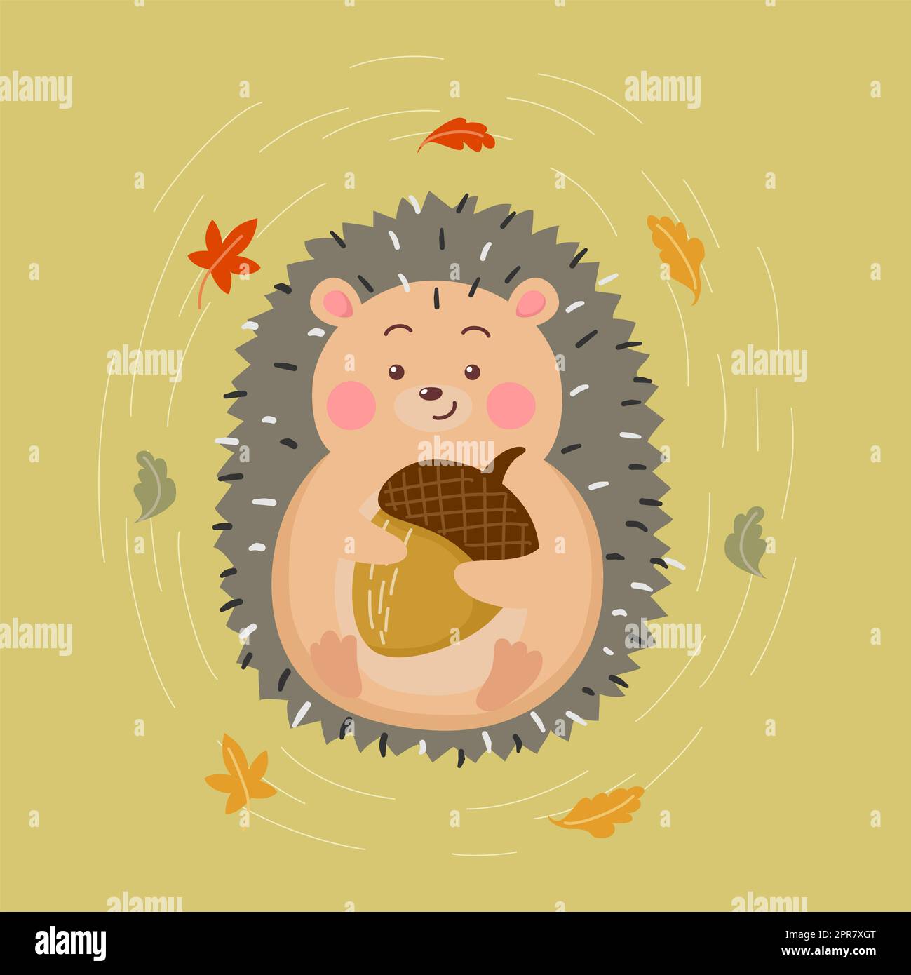 Süßer Cartoon-Igel, der Nuss umarmt Stockfoto