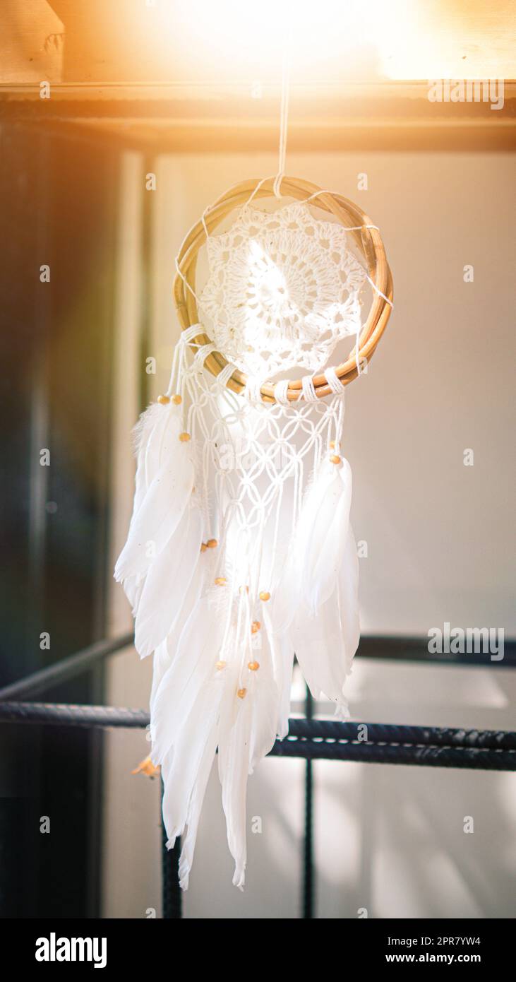 Weißer Traumfänger, der an einem Baum in Strahlen der Sonnenuntergangssonne hängt. stricken, handgefertigt, Hochzeit, Dekor Stockfoto