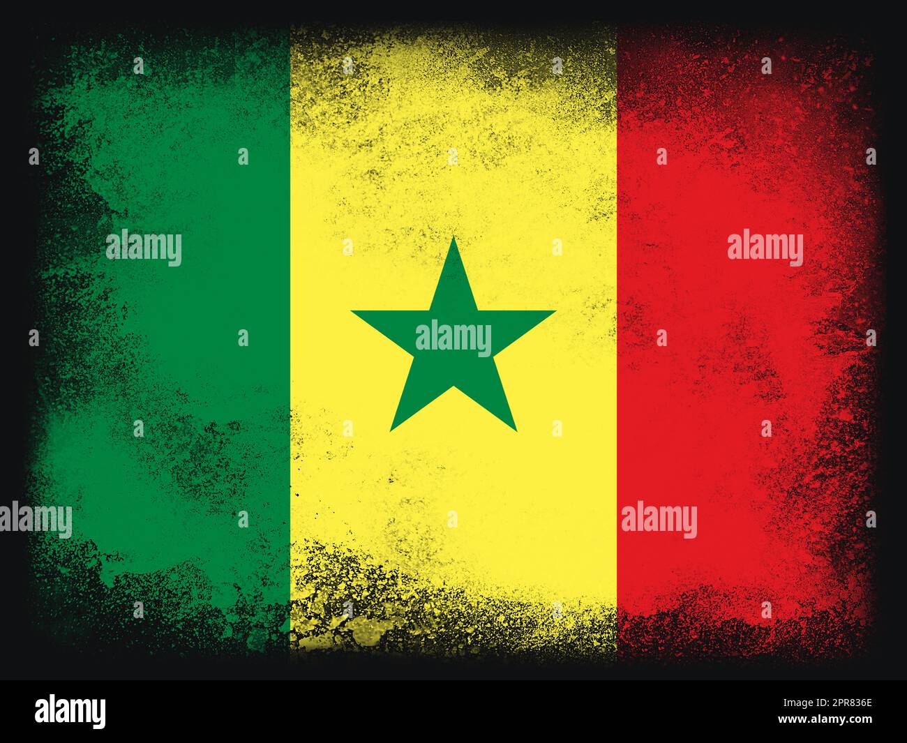 Senegal Flag Designzusammensetzung aus explodierendem Pulver und Farbe, isoliert auf schwarzem Hintergrund für Kopierbereich. Farbenfrohe Explosion abstrakter Staubpartikel. Fußballsymbol der Weltmeisterschaft 2022 zum Drucken Stockfoto