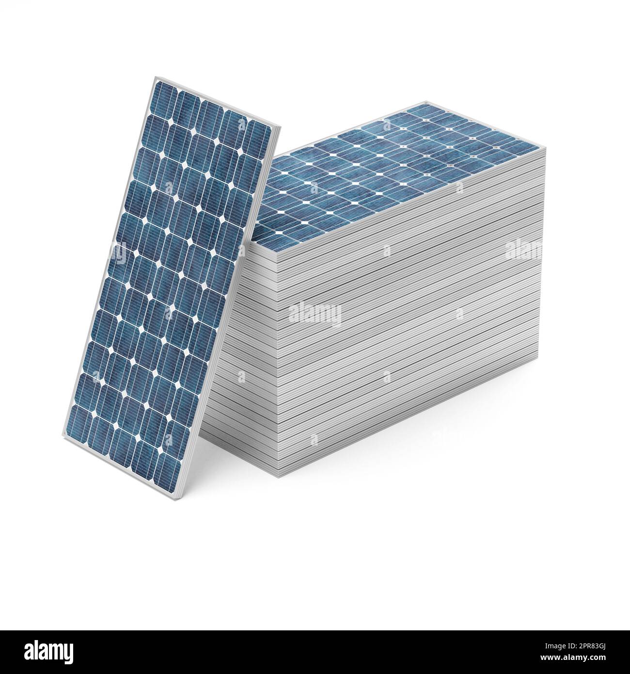Viele Sonnenkollektoren auf weißem Hintergrund, Konzept für erneuerbare Energien Stockfoto