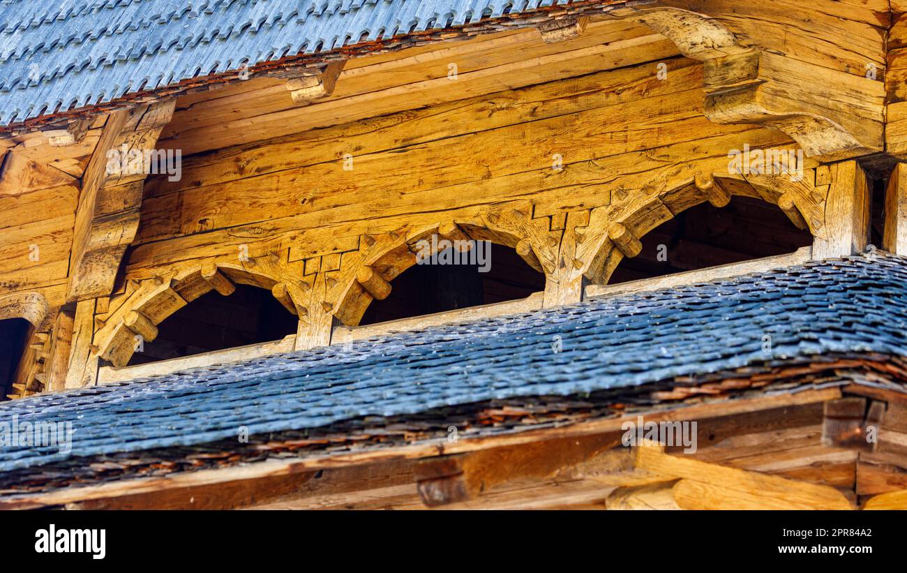 Eine Holzkonstruktion im Kloster Barzan Stockfoto