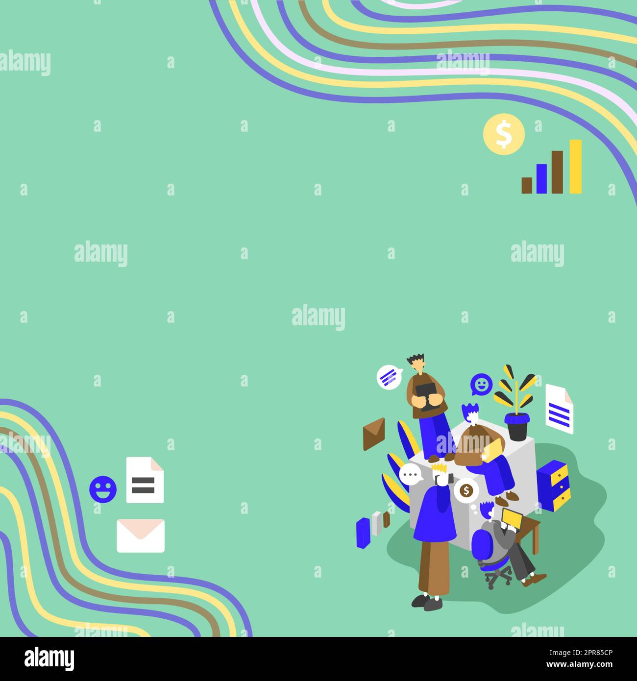 Geschäftsleute, Die Auf Lap Tops Zusammenarbeiten, Einer Telefoniert. Gruppe Von Vier Freunden Im Büro, Die Arbeiten, Zwei Am Computer, Andere Am Handy, Letzte Anordnung Von Dokumenten. Stock Vektor