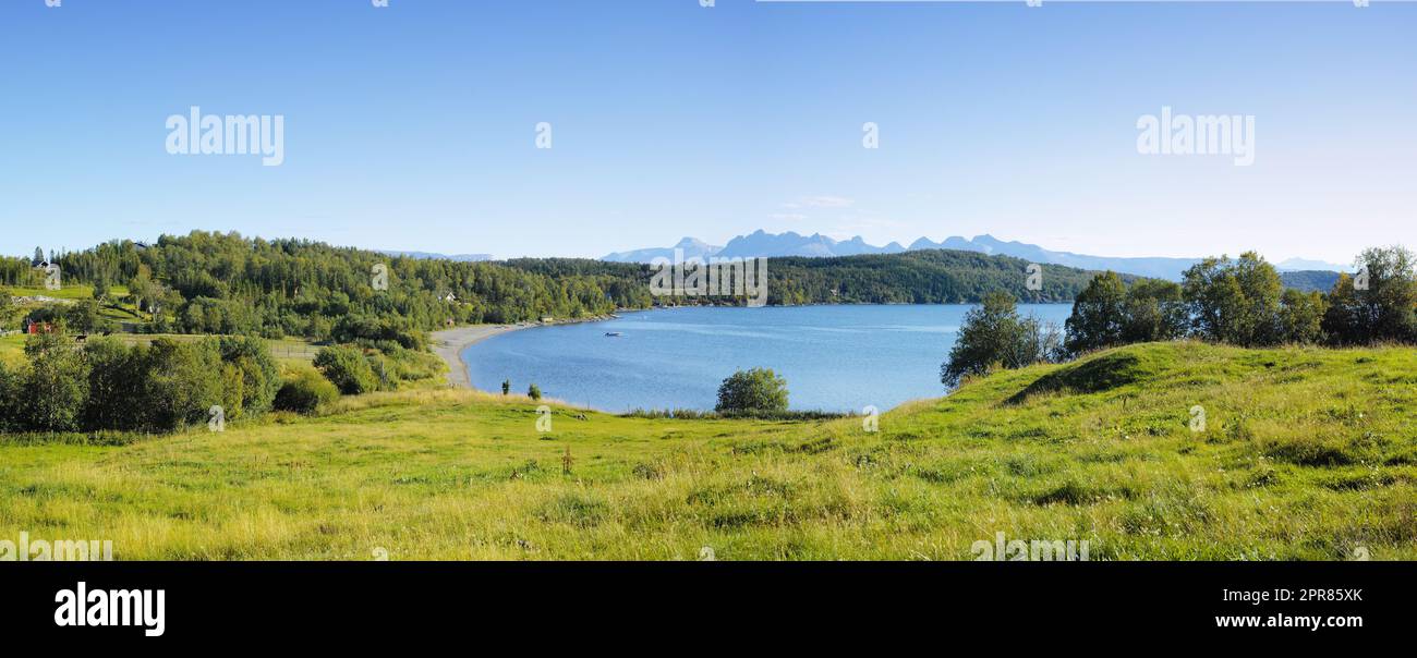 Landschaft eines Sees mit Bäumen in der Nähe eines Feldes. Grüne Hügel am Meer mit blauem Himmel in Norwegen. Eine ruhige Lagune in der Nähe einer lebhaften Wildnis vor einem hellen, wolkigen Horizont. Friedliche wilde Naturszene Stockfoto