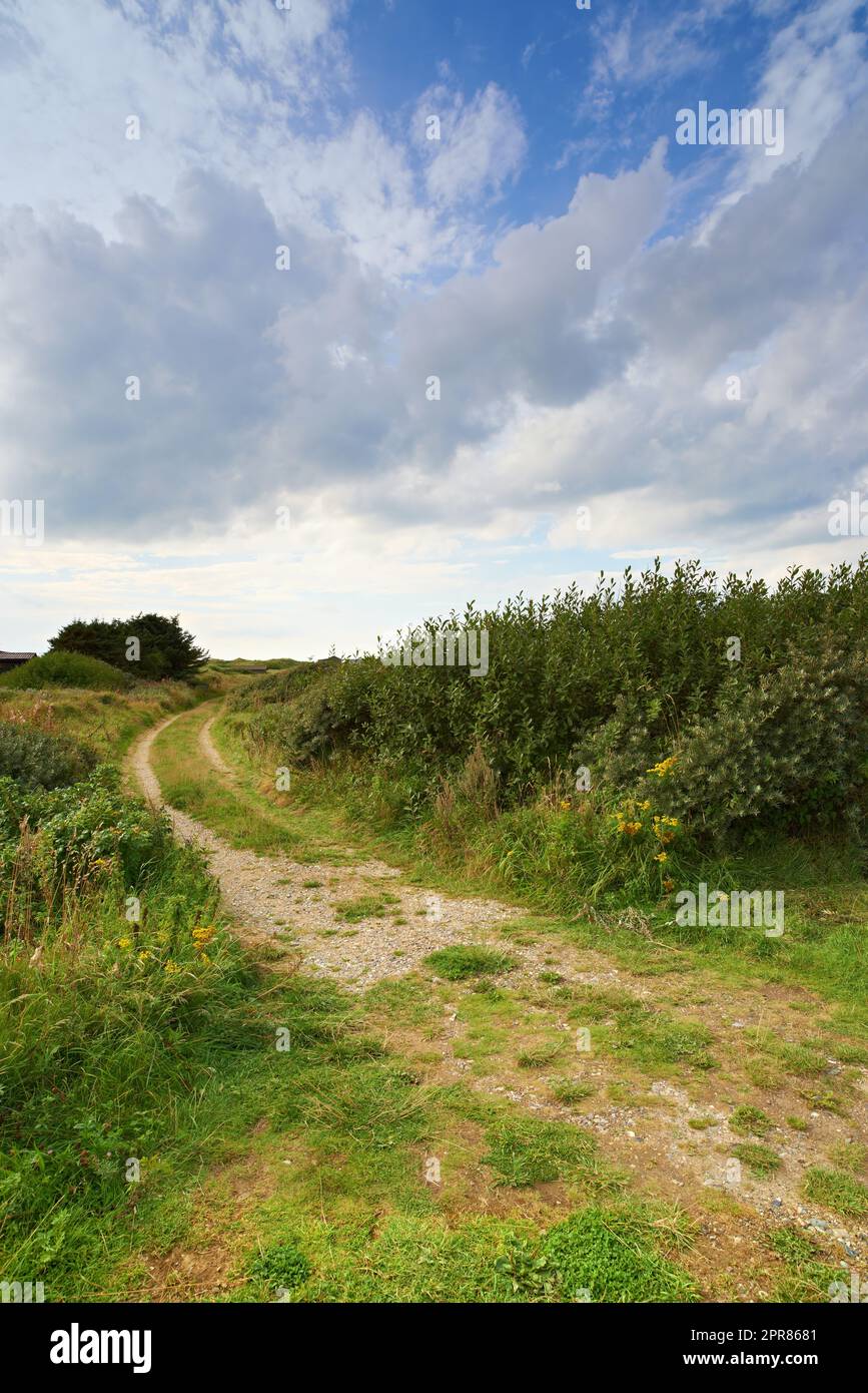 Landschaftsblick auf eine unbefestigte Straße auf dem Land, die zu einer üppigen grünen Wiese und einem Feld in Deutschland führt. Reisen Sie in abgelegene, ruhige Landschaften oder Gebiete. Ruhige Landschaft mit Bäumen, Büschen, Sträuchern, Rasen und Gras Stockfoto