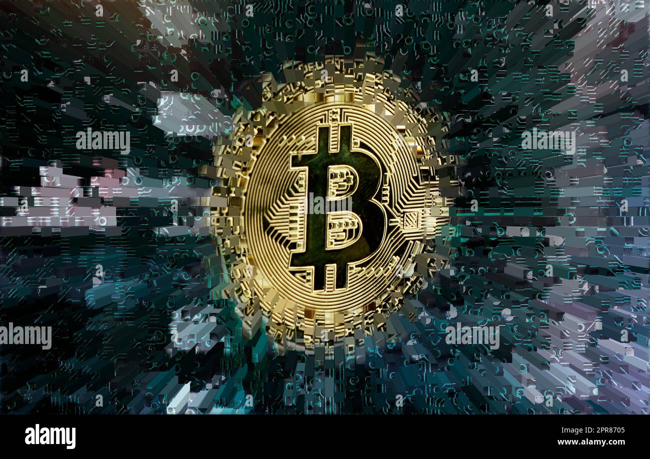Machen Sie in der digitalen Welt Ihre Spuren. Konzeptuelles Bild eines digital generierten Modells eines einzelnen Bitcoins vor dunklem Hintergrund. Stockfoto