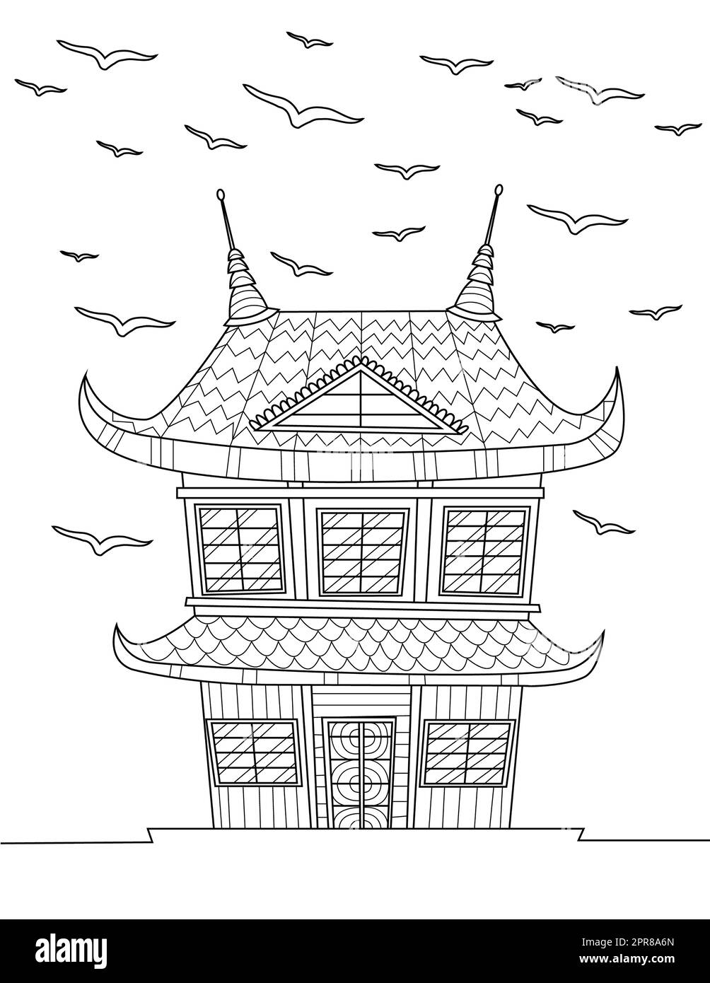 Malbuch Mit Traditionellem Japanischem Haus Mit Vögeln Im Himmel. Stockfoto