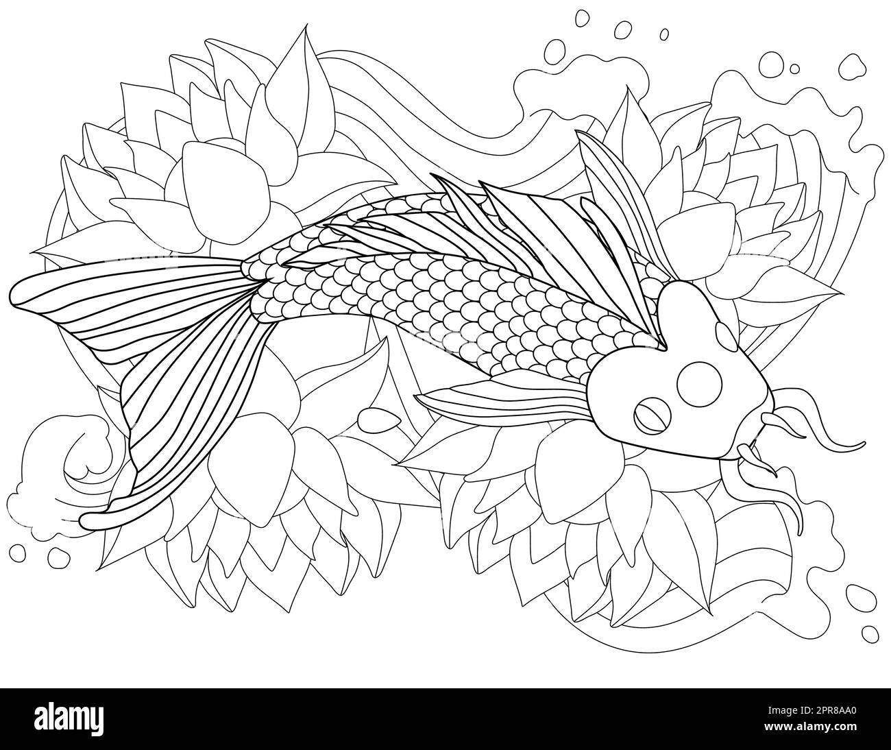 Malbuch-Seite Mit Detailliertem Fish Swimmimg Über Blumen. Stockfoto