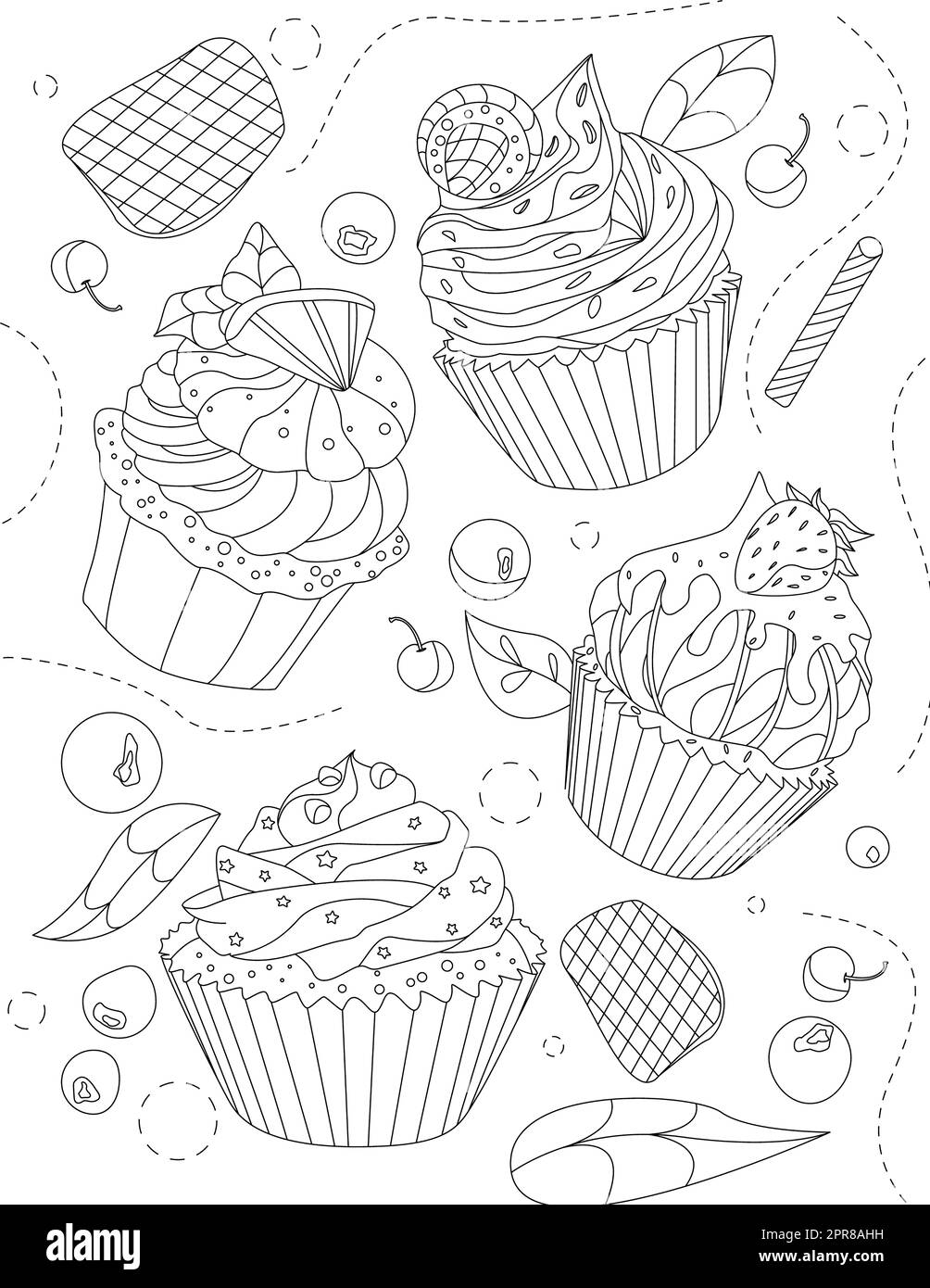 Malbuch-Seite Mit Verschiedenen Cupcakes Mit Früchten Und Blättern Auf Der Rückseite. Stockfoto